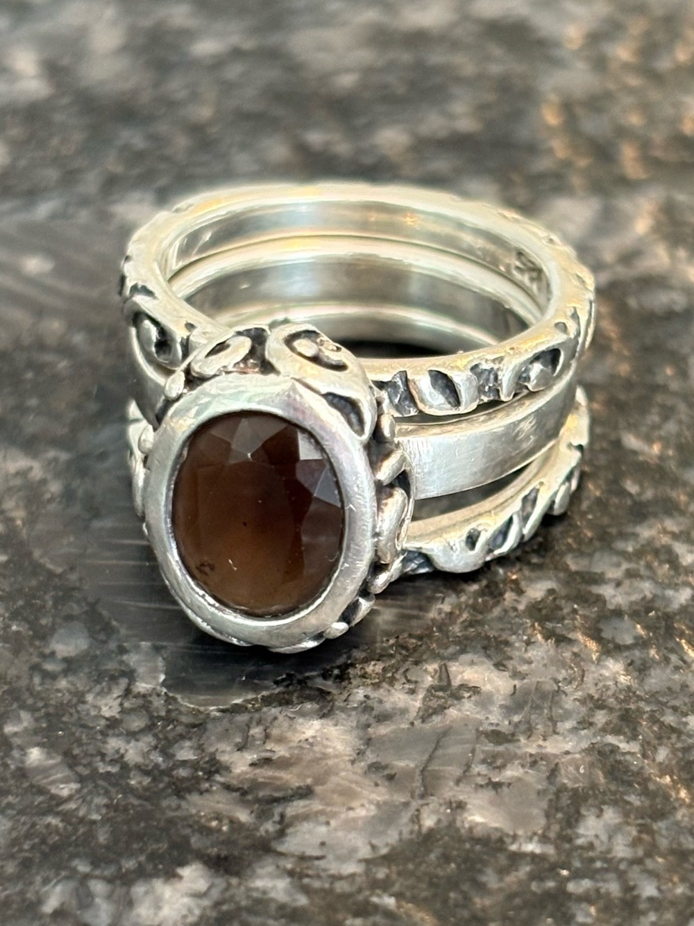 Silpada 925 Sterling Silver Smoky Quartz Filigree Stackable Ring Trio